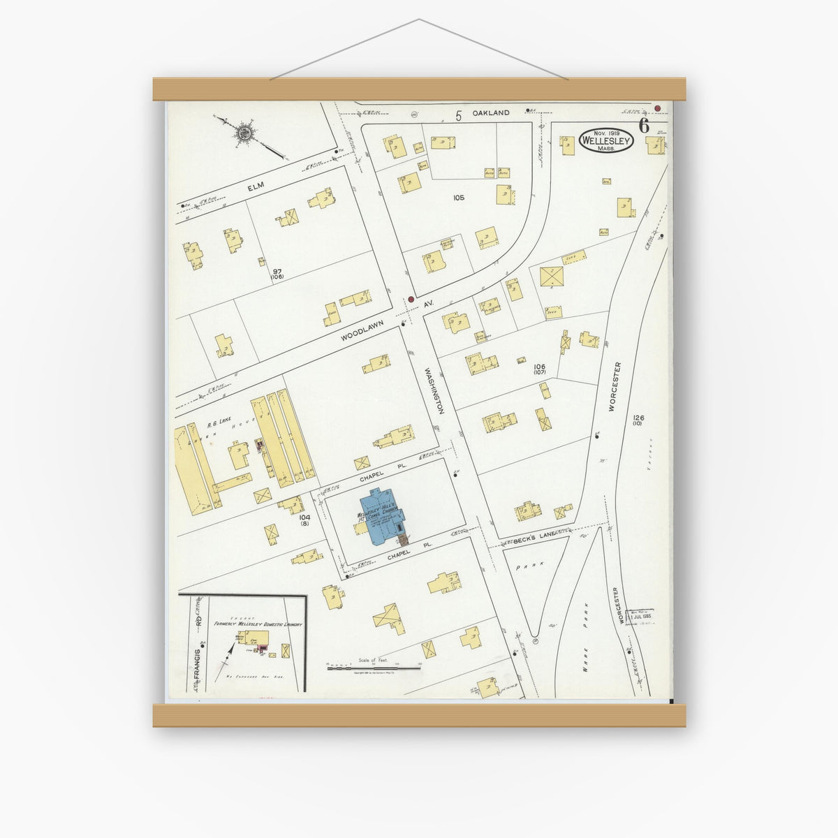 Old map wall art mockup — magnetic wood frame on white wall — Sanborn Fire Insurance Map from Wellesley, Norfolk County, Massachusetts (1919), Sheet #0006