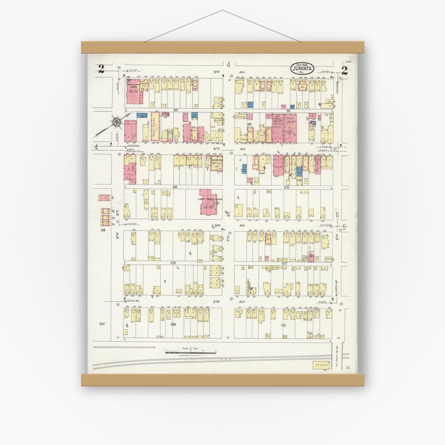 Old map wall art mockup — magnetic wood frame on white wall — Sanborn Fire Insurance Map from Juniata, Blair County, Pennsylvania (1925), Sheet #0002