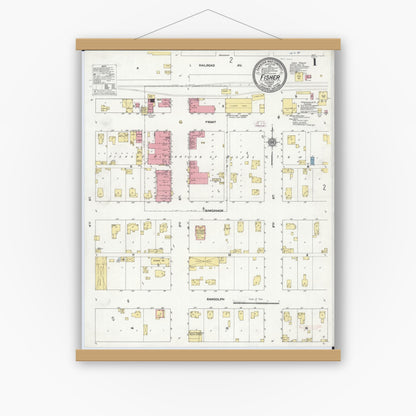Old map wall art mockup — magnetic wood frame on white wall — Sanborn Fire Insurance Map from Fisher, Champaign County, Illinois (1911) - Complete Map Set