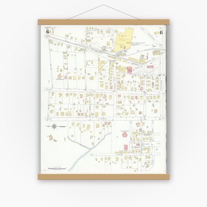 Old map wall art mockup — magnetic wood frame on white wall — Sanborn Fire Insurance Map from Henderson, Rusk County, Texas (1933), Sheet #0006