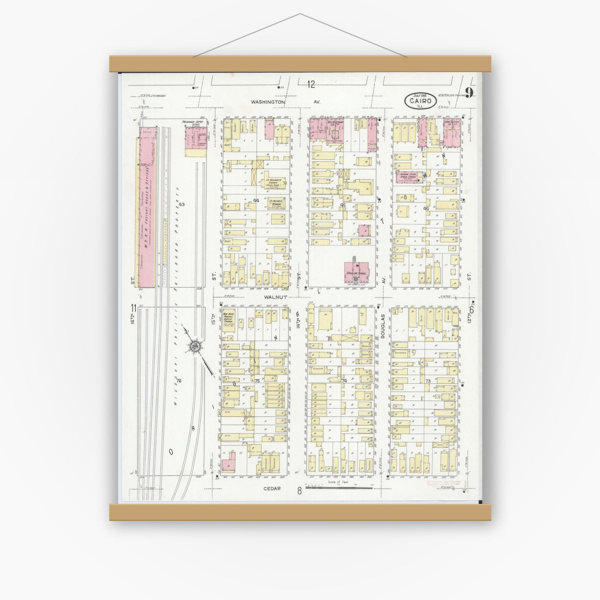 Old map wall art mockup — magnetic wood frame on white wall — Sanborn Fire Insurance Map from Cairo, Alexander County, Illinois (1914), Sheet #0009