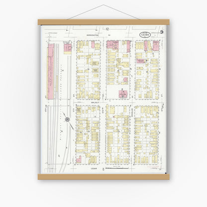 Old map wall art mockup — magnetic wood frame on white wall — Sanborn Fire Insurance Map from Cairo, Alexander County, Illinois (1914), Sheet #0009