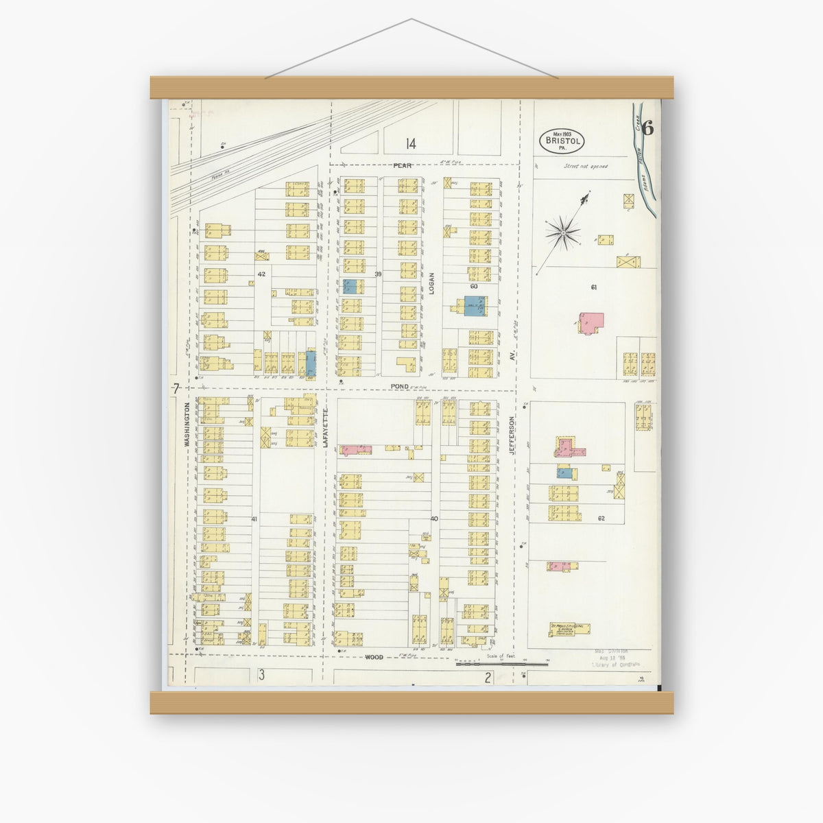 Old map wall art mockup — magnetic wood frame on white wall — Sanborn Fire Insurance Map from Bristol, Bucks County, Pennsylvania (1903), Sheet #0006