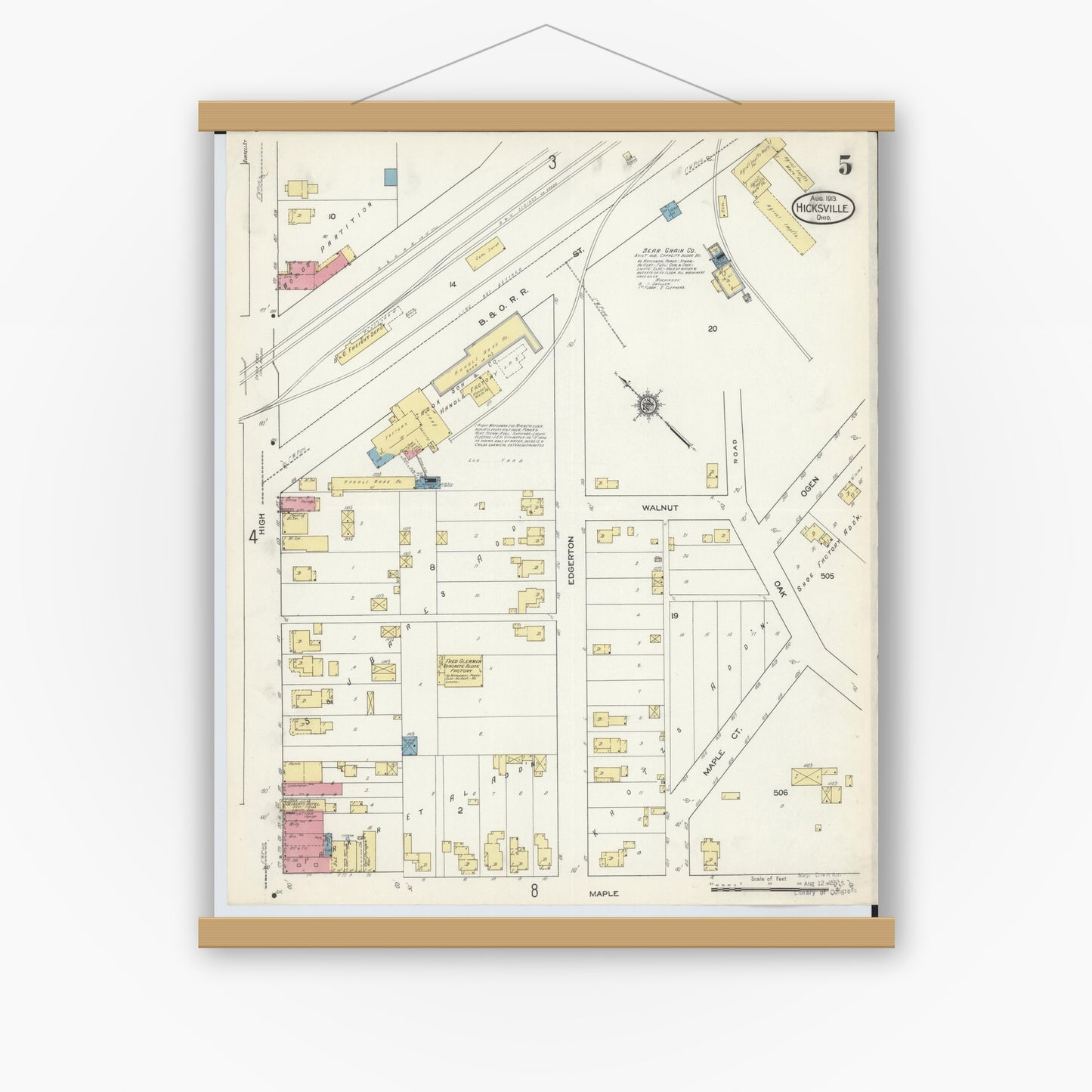 Old map wall art mockup — magnetic wood frame on white wall — Sanborn Fire Insurance Map from Hicksville, Defiance County, Ohio (1913), Sheet #0005