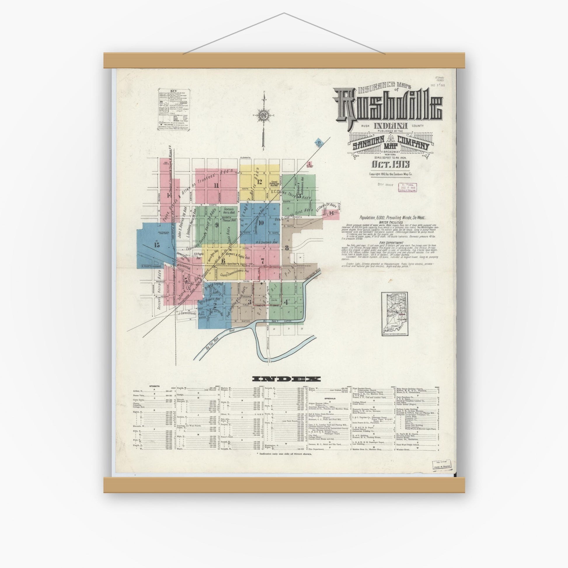 Old map wall art mockup — magnetic wood frame on white wall — Sanborn Fire Insurance Map from Rushville, Rush County, Indiana (1913), Sheet #0001