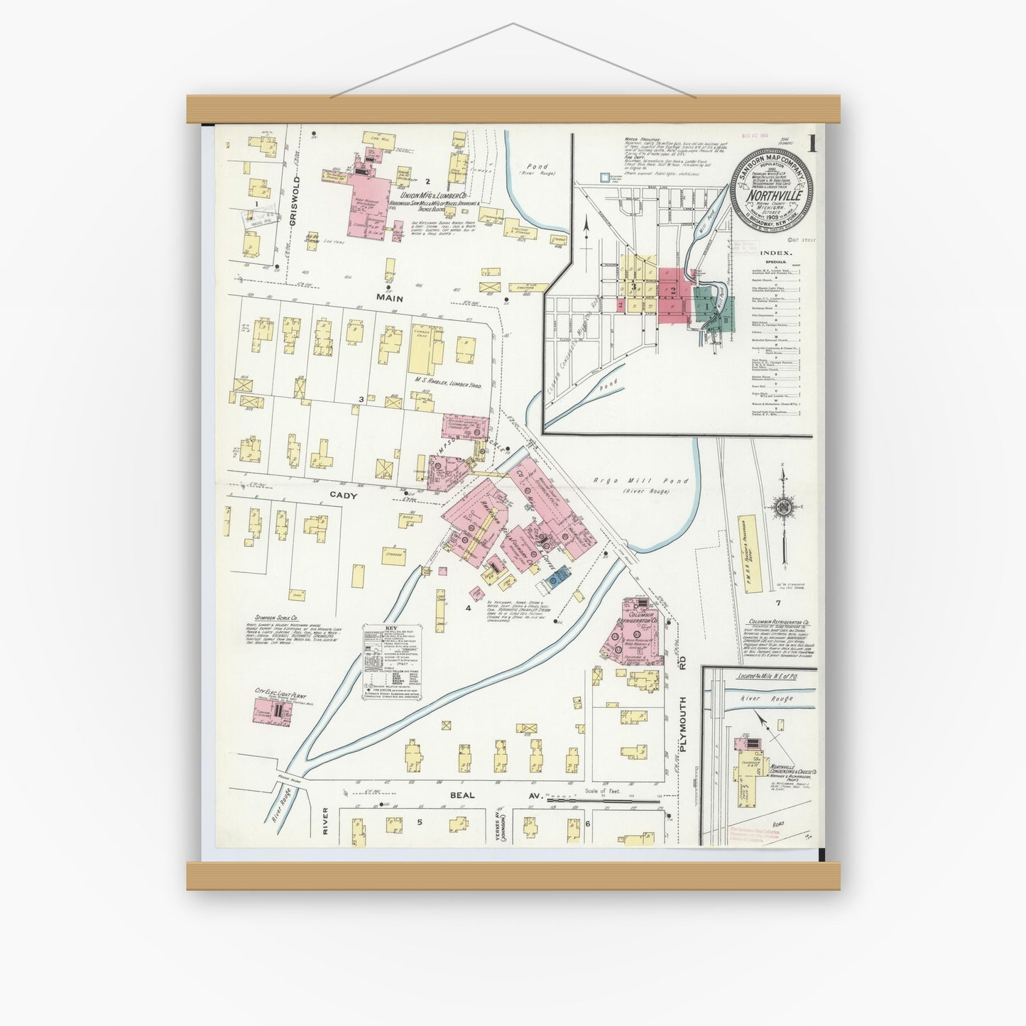 Old map wall art mockup — magnetic wood frame on white wall — Sanborn Fire Insurance Map from Northville, Wayne County, Michigan (1909) - Complete Map Set