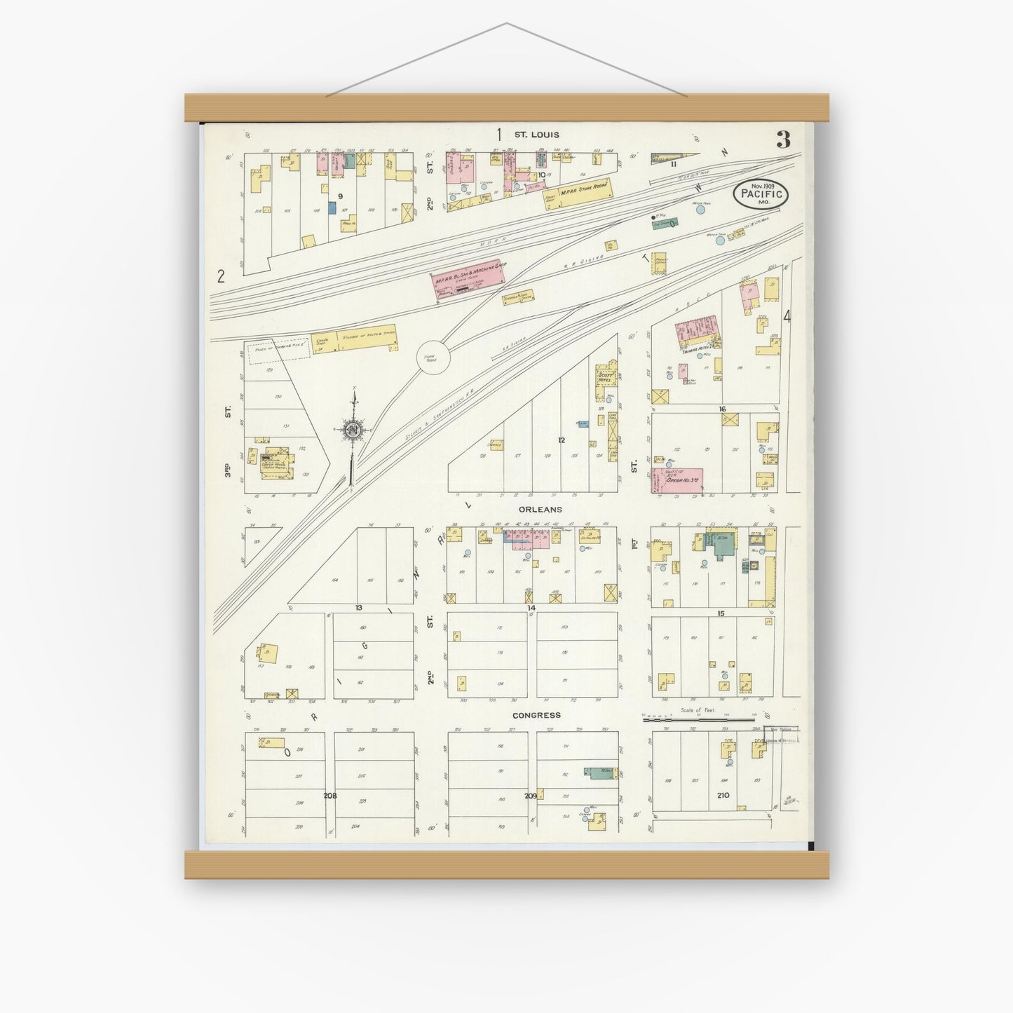 Old map wall art mockup — magnetic wood frame on white wall — Sanborn Fire Insurance Map from Pacific, Franklin County, Missouri (1909), Sheet #0003