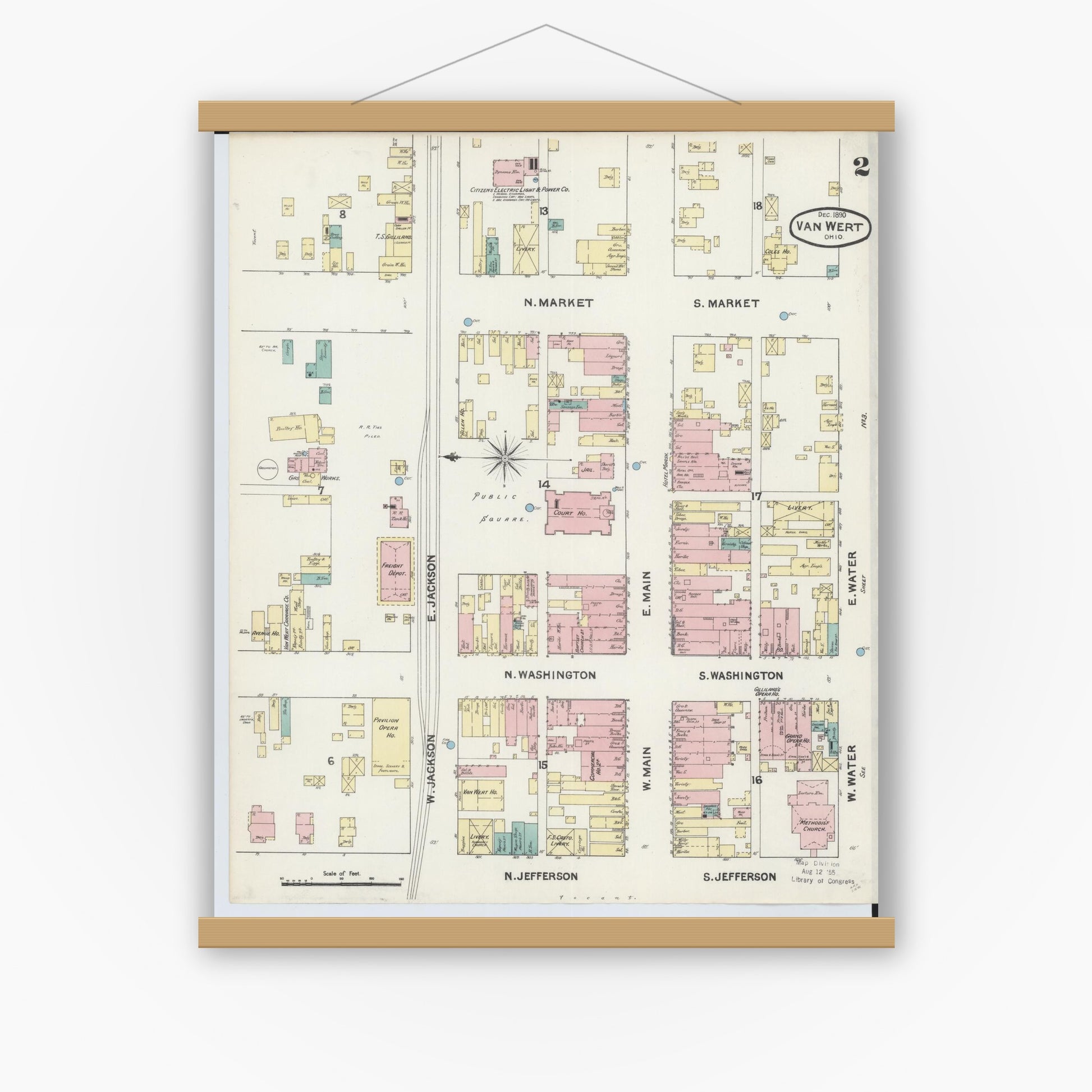 Old map wall art mockup — magnetic wood frame on white wall — Sanborn Fire Insurance Map from Van Wert, Van Wert County, Ohio (1890), Sheet #0002