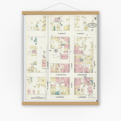 Old map wall art mockup — magnetic wood frame on white wall — Sanborn Fire Insurance Map from Van Wert, Van Wert County, Ohio (1890), Sheet #0002