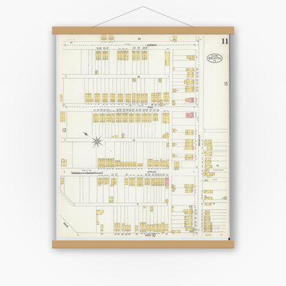 Old map wall art mockup — magnetic wood frame on white wall — Sanborn Fire Insurance Map from Bristol, Bucks County, Pennsylvania (1903), Sheet #0011
