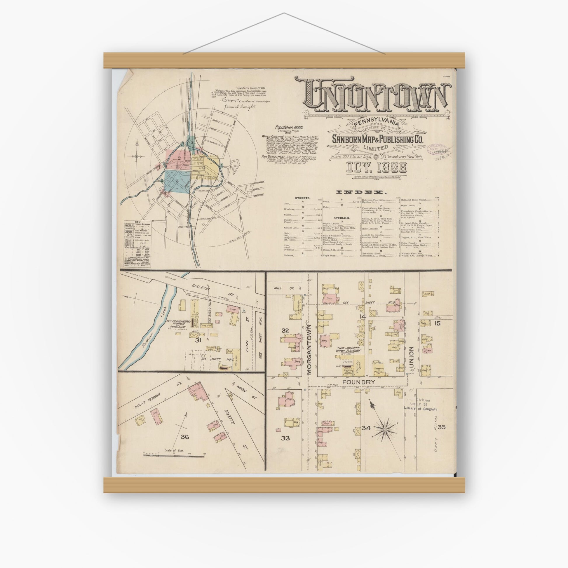 Old map wall art mockup — magnetic wood frame on white wall — Sanborn Fire Insurance Map from Uniontown, Fayette County, Pennsylvania (1886), Sheet #0001
