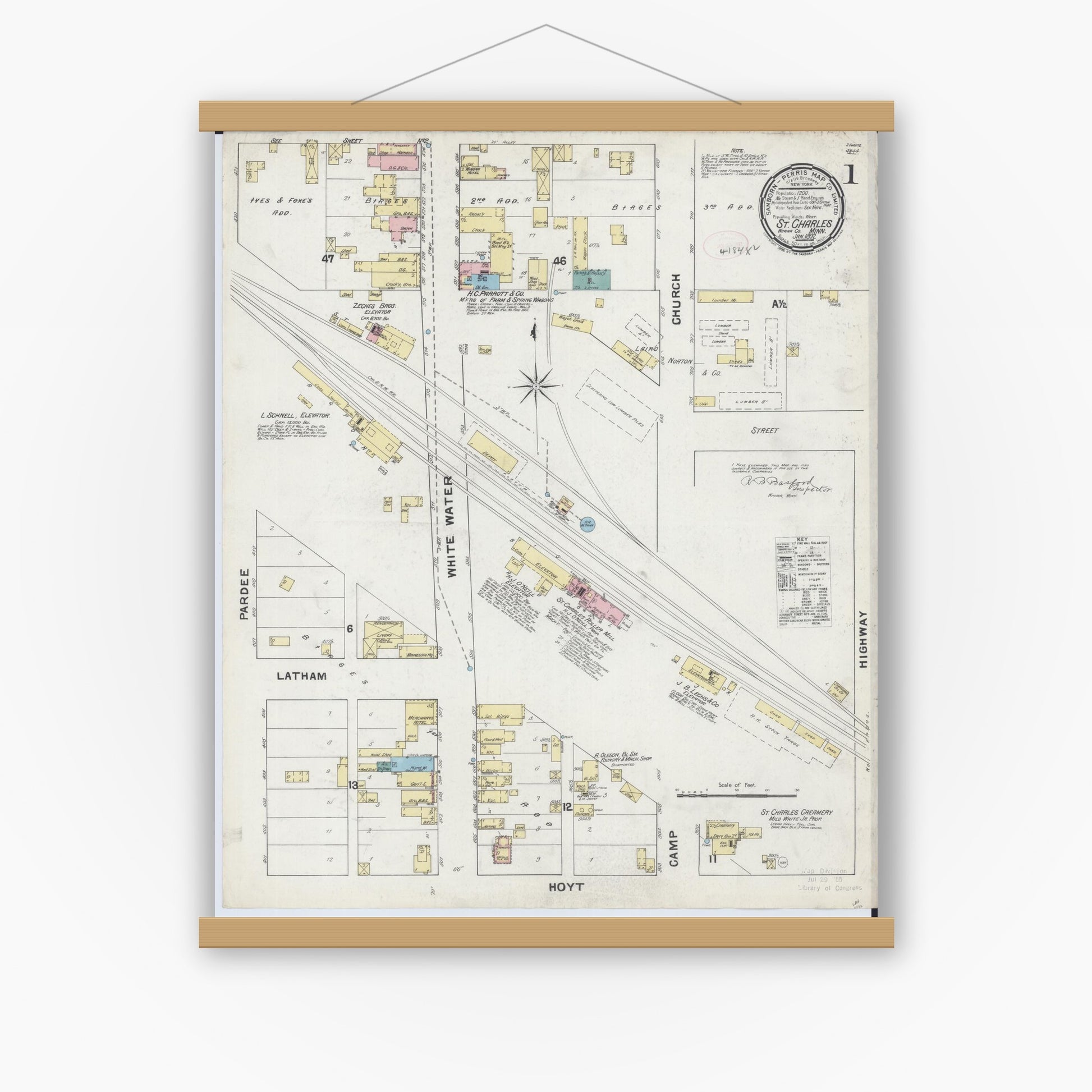 Old map wall art mockup — magnetic wood frame on white wall — Sanborn Fire Insurance Map from Saint Charles, Winona County, Minnesota (1892) - Complete Map Set