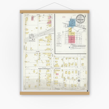 Old map wall art mockup — magnetic wood frame on white wall — Sanborn Fire Insurance Map from Bradford, Darke and Miami Counties, Ohio (1910), Sheet #0001