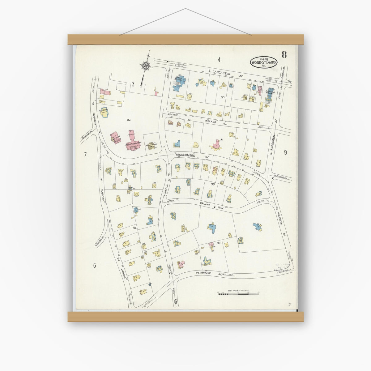 Old map wall art mockup — magnetic wood frame on white wall — Sanborn Fire Insurance Map from Wayne, Delaware County, Pennsylvania (1914), Sheet #0008