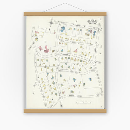Old map wall art mockup — magnetic wood frame on white wall — Sanborn Fire Insurance Map from Wayne, Delaware County, Pennsylvania (1914), Sheet #0008