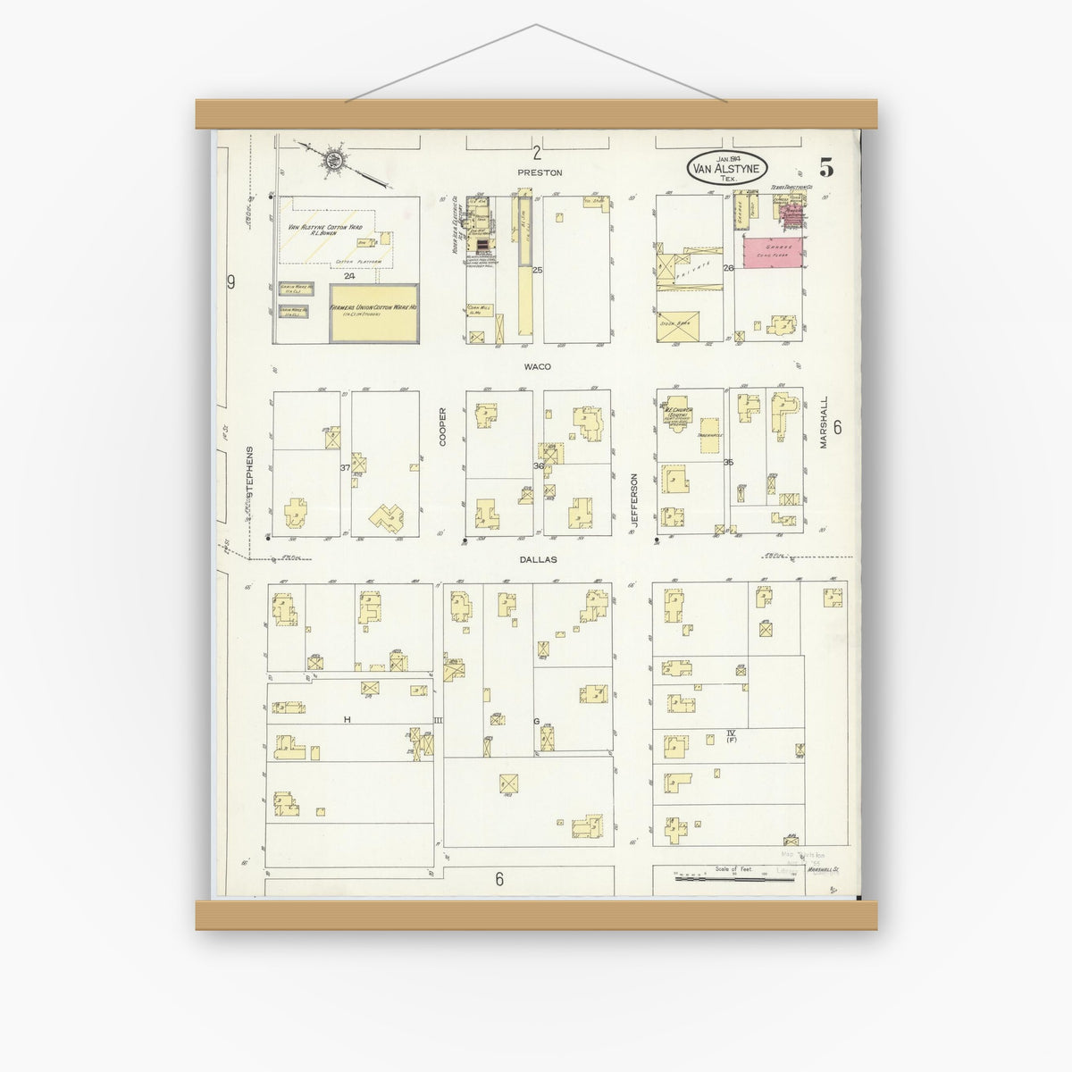Old map wall art mockup — magnetic wood frame on white wall — Sanborn Fire Insurance Map from Van Alstyne, Grayson County, Texas (1914), Sheet #0005