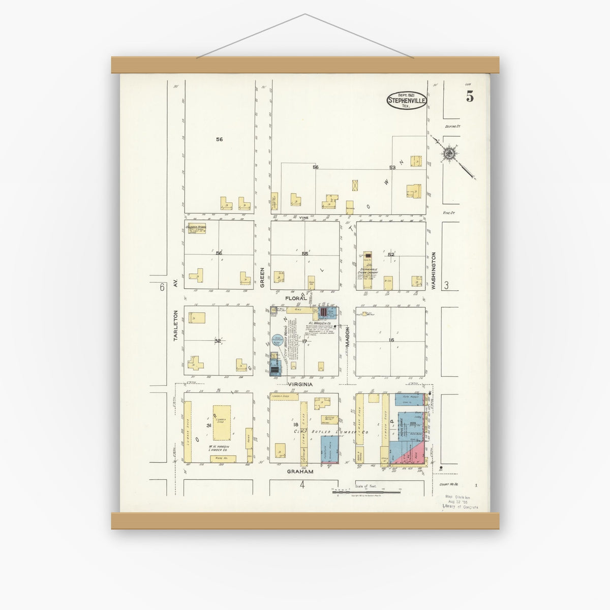 Old map wall art mockup — magnetic wood frame on white wall — Sanborn Fire Insurance Map from Stephenville, Erath County, Texas (1921), Sheet #0005