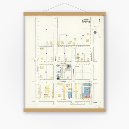Old map wall art mockup — magnetic wood frame on white wall — Sanborn Fire Insurance Map from Stephenville, Erath County, Texas (1921), Sheet #0005