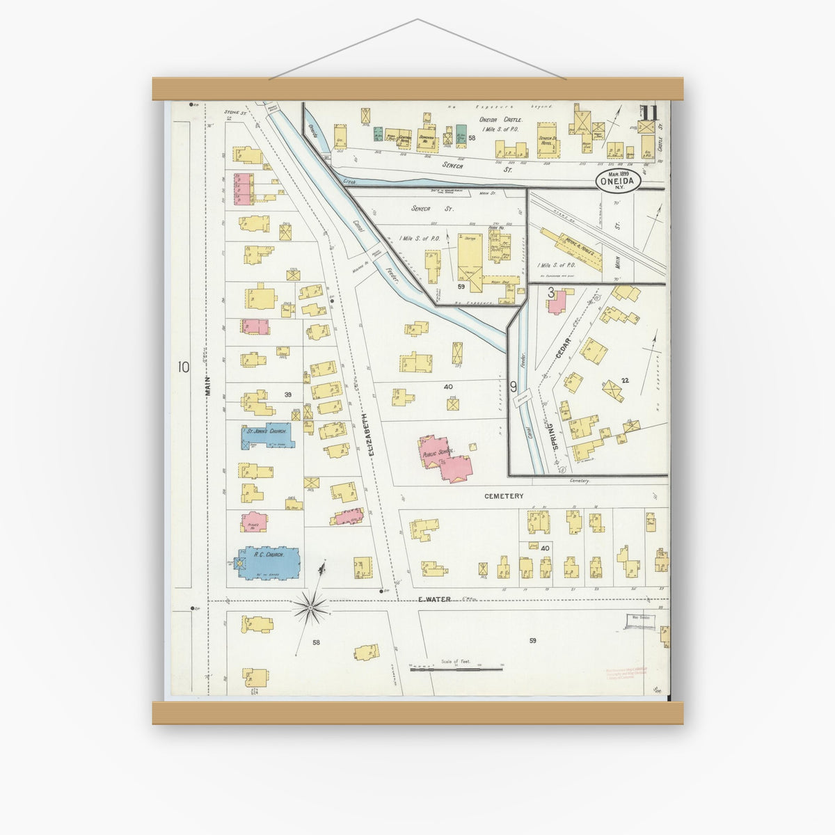 Old map wall art mockup — magnetic wood frame on white wall — Sanborn Fire Insurance Map from Oneida, Madison County, New York (1899), Sheet #0011
