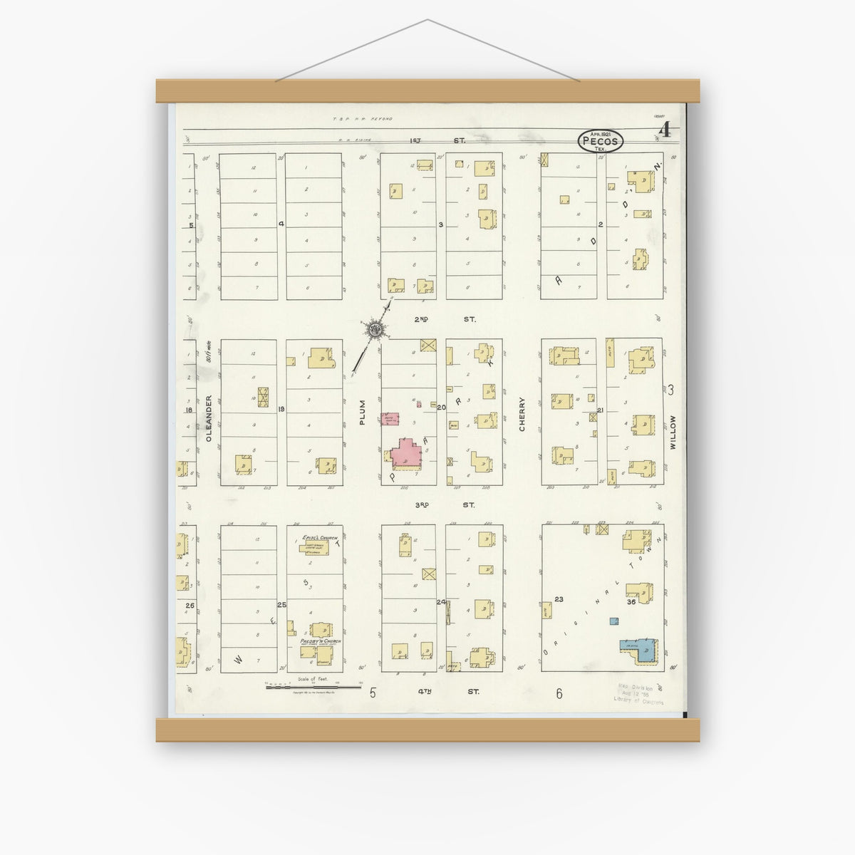 Old map wall art mockup — magnetic wood frame on white wall — Sanborn Fire Insurance Map from Pecos, Reeves County, Texas (1921), Sheet #0004