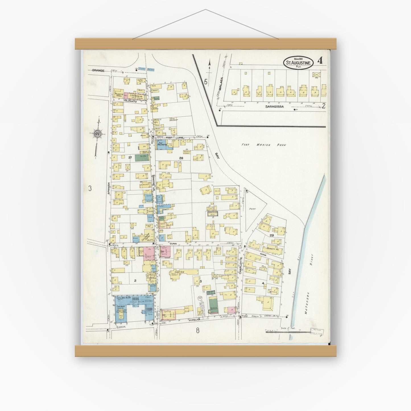 Old map wall art mockup — magnetic wood frame on white wall — Sanborn Fire Insurance Map from Saint Augustine, Saint John's County, Florida (1910), Sheet #0004