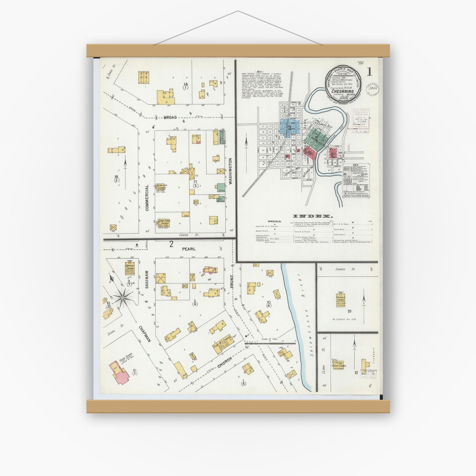 Old map wall art mockup — magnetic wood frame on white wall — Sanborn Fire Insurance Map from Chesaning, Saginaw County, Michigan (1900) - Complete Map Set