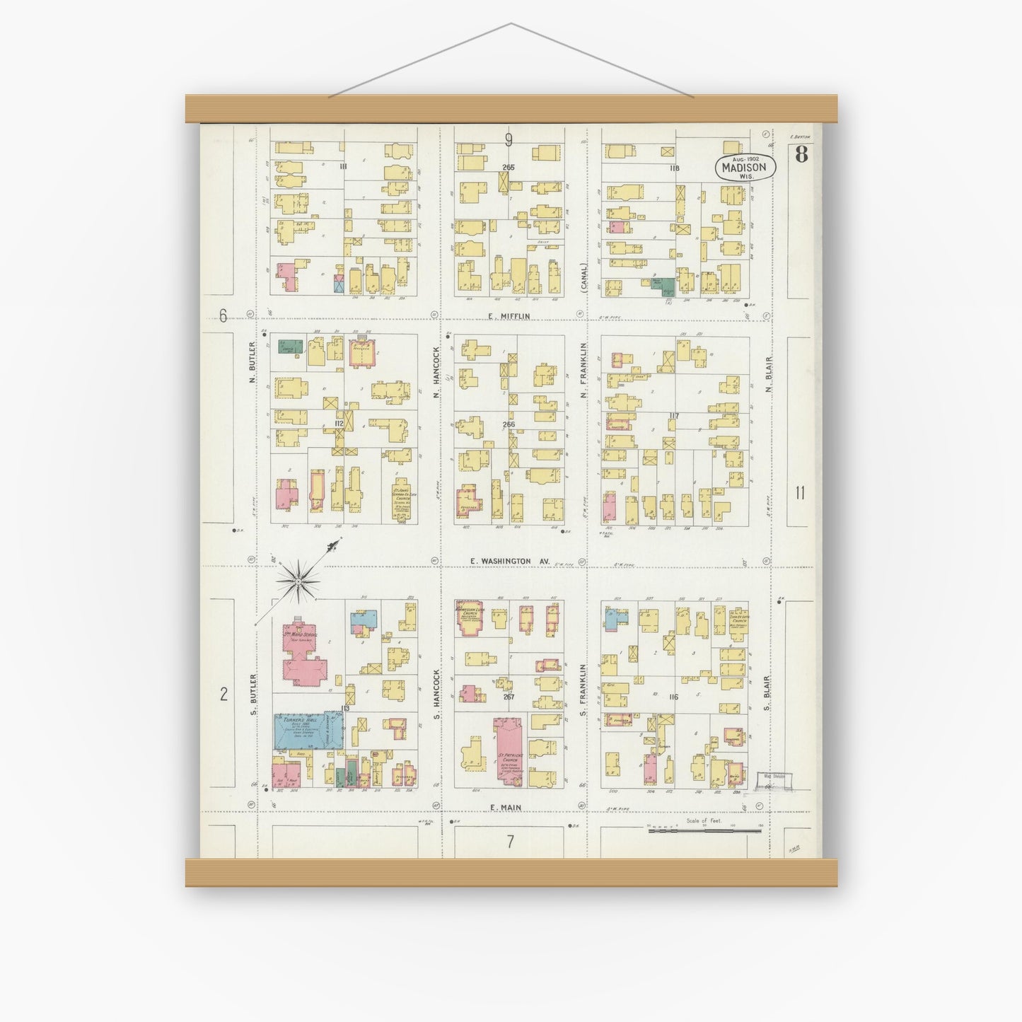 Old map wall art mockup — magnetic wood frame on white wall — Sanborn Fire Insurance Map from Madison, Dane County, Wisconsin (1902), Sheet #0008