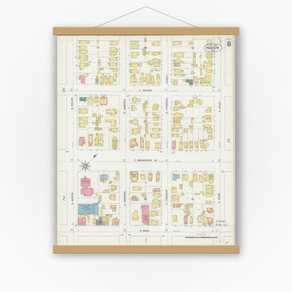 Old map wall art mockup — magnetic wood frame on white wall — Sanborn Fire Insurance Map from Madison, Dane County, Wisconsin (1902), Sheet #0008