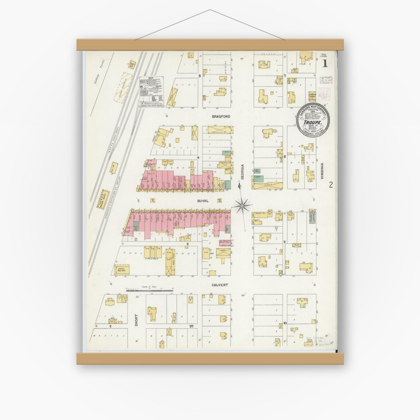 Old map wall art mockup — magnetic wood frame on white wall — Sanborn Fire Insurance Map from Troup, Smith County, Texas (1904), Sheet #0001