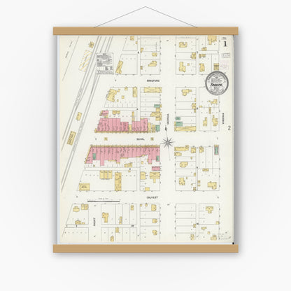 Old map wall art mockup — magnetic wood frame on white wall — Sanborn Fire Insurance Map from Troup, Smith County, Texas (1904), Sheet #0001