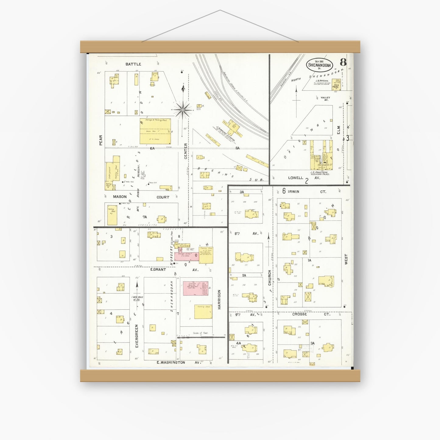 Old map wall art mockup — magnetic wood frame on white wall — Sanborn Fire Insurance Map from Shenandoah, Page County, Iowa (1901), Sheet #0008