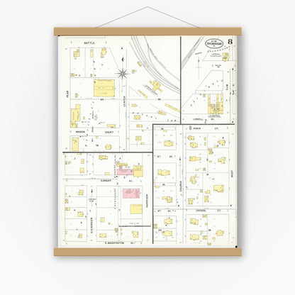 Old map wall art mockup — magnetic wood frame on white wall — Sanborn Fire Insurance Map from Shenandoah, Page County, Iowa (1901), Sheet #0008