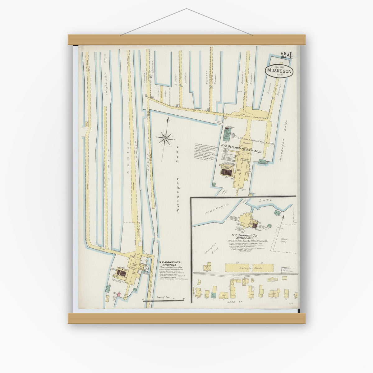 Old map wall art mockup — magnetic wood frame on white wall — Sanborn Fire Insurance Map from Muskegon, Muskegon County, Michigan (1887), Sheet #0024