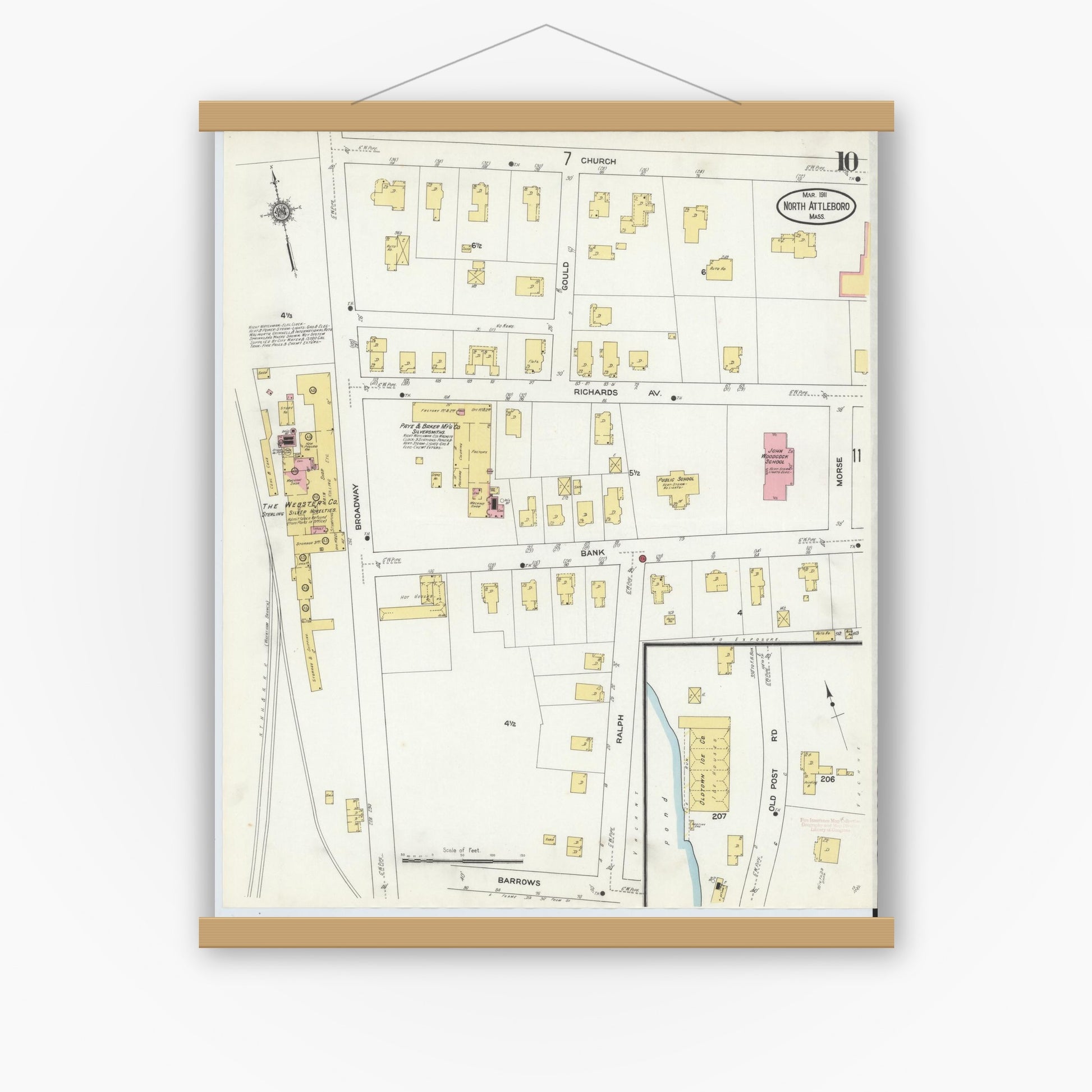 Old map wall art mockup — magnetic wood frame on white wall — Sanborn Fire Insurance Map from North Attleborough, Bristol County, Massachusetts (1911), Sheet #0010