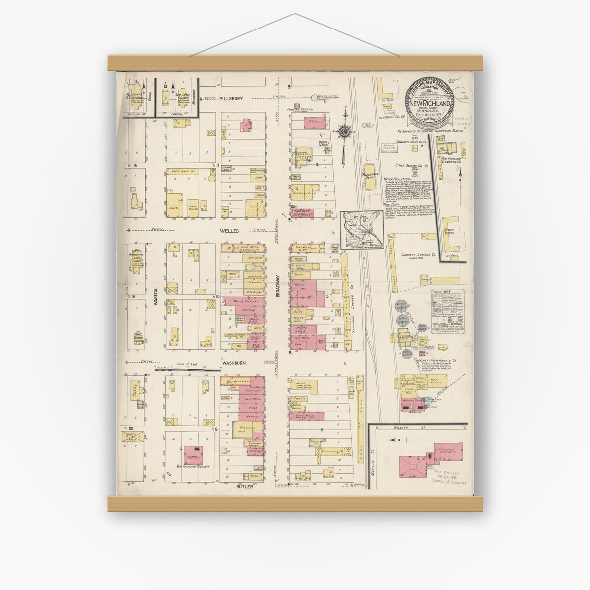 Old map wall art mockup — magnetic wood frame on white wall — Sanborn Fire Insurance Map from New Richland, Waseca County, Minnesota (1922), Sheet #0001