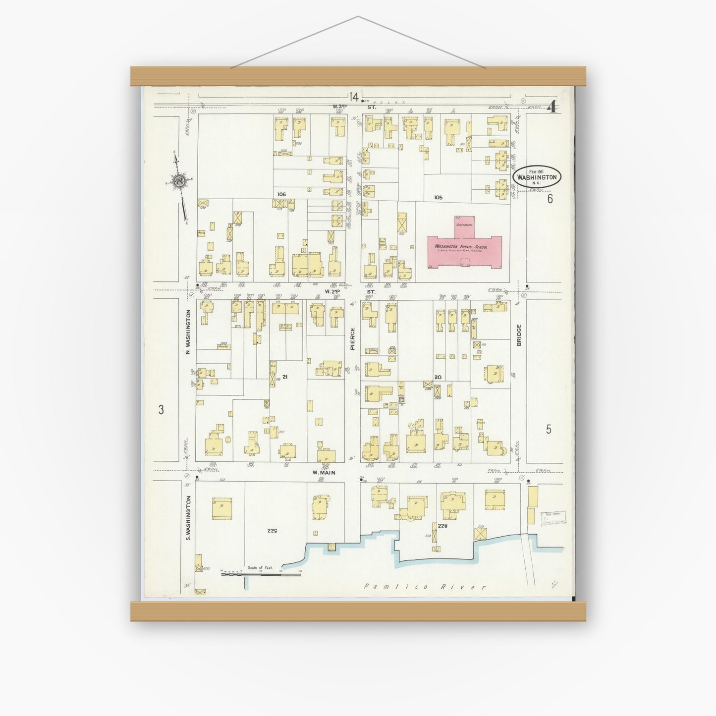 Old map wall art mockup — magnetic wood frame on white wall — Sanborn Fire Insurance Map from Washington, Beaufort County, North Carolina (1911), Sheet #0004