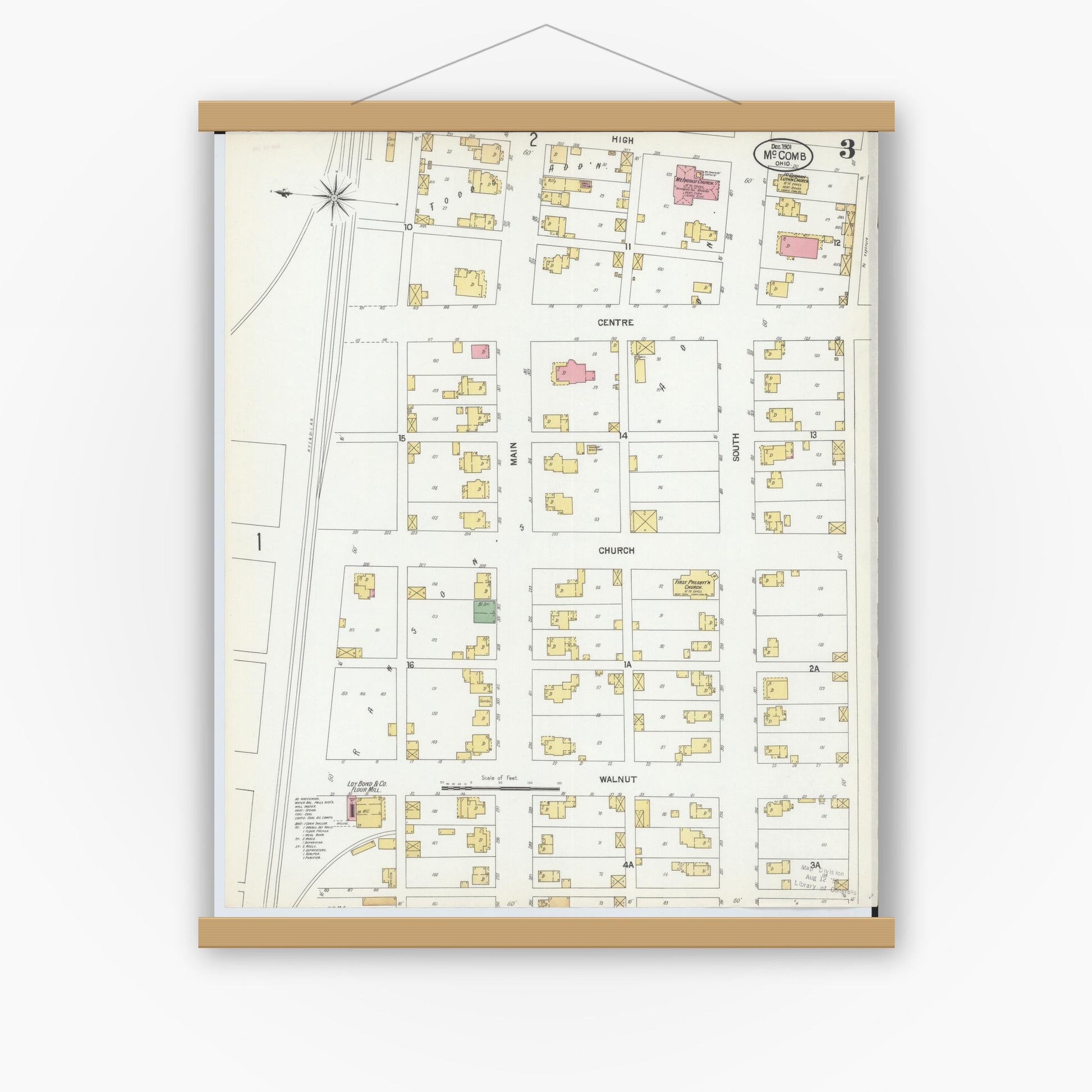 Old map wall art mockup — magnetic wood frame on white wall — Sanborn Fire Insurance Map from McComb, Hancock County, Ohio (1901), Sheet #0003