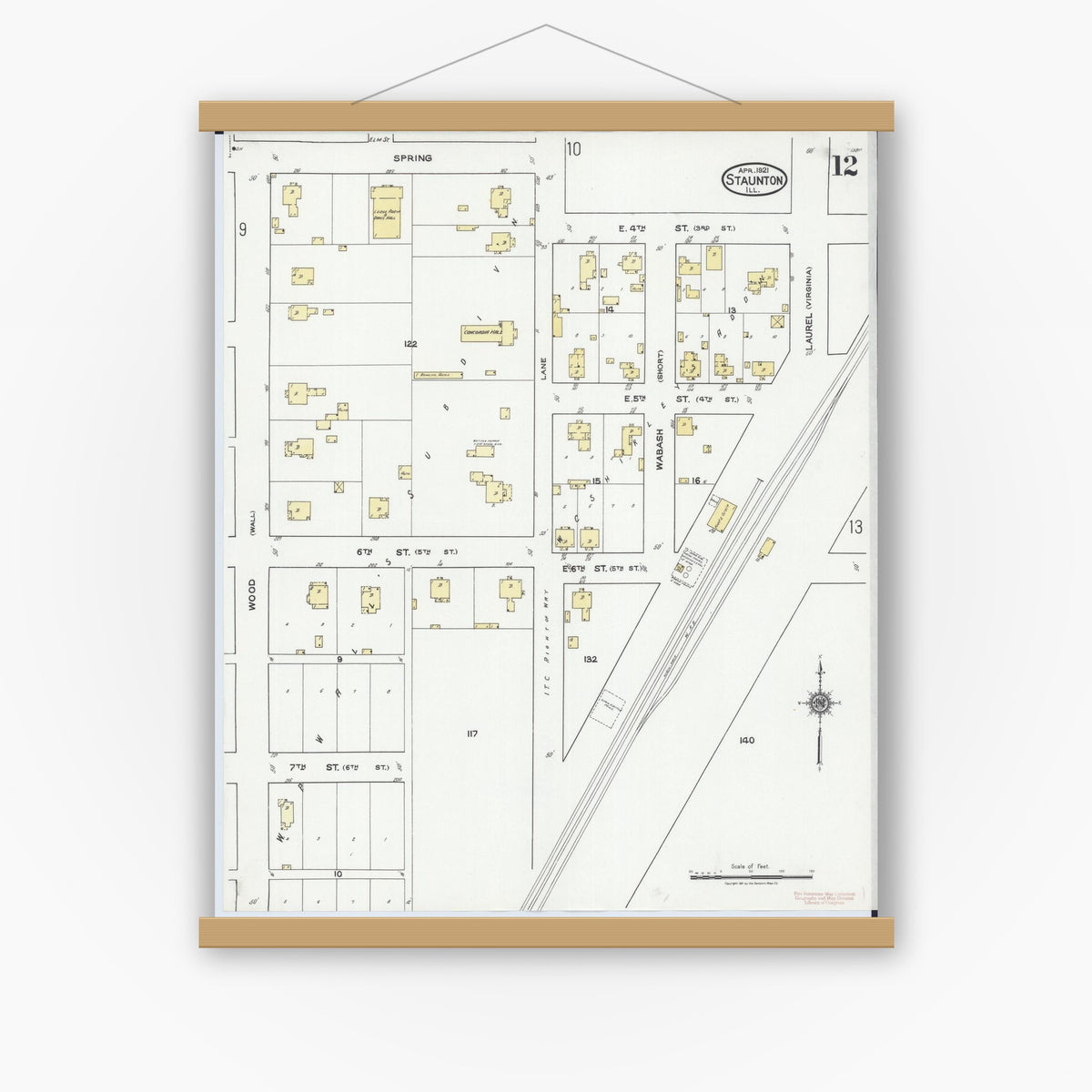 Old map wall art mockup — magnetic wood frame on white wall — Sanborn Fire Insurance Map from Staunton, Macoupin County, Illinois (1921), Sheet #0012
