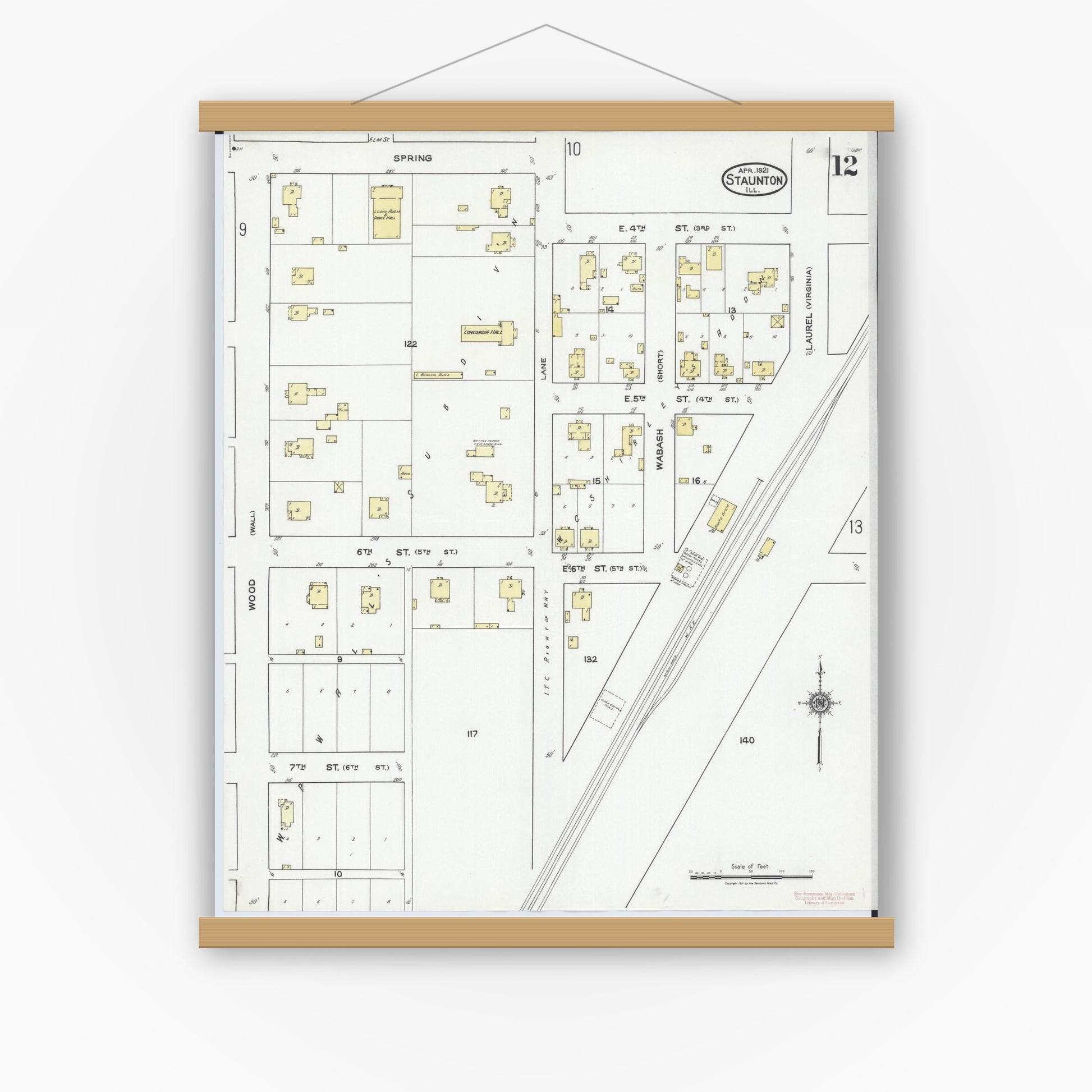 Old map wall art mockup — magnetic wood frame on white wall — Sanborn Fire Insurance Map from Staunton, Macoupin County, Illinois (1921), Sheet #0012