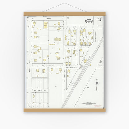 Old map wall art mockup — magnetic wood frame on white wall — Sanborn Fire Insurance Map from Staunton, Macoupin County, Illinois (1921), Sheet #0012