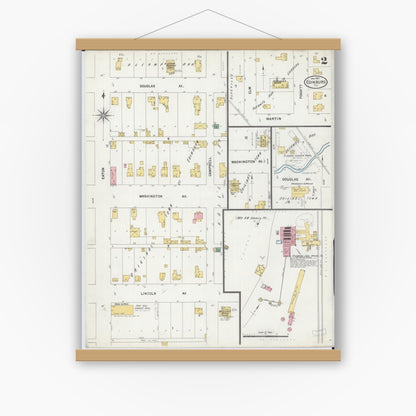 Old map wall art mockup — magnetic wood frame on white wall — Sanborn Fire Insurance Map from Edinburgh, Christian County, Illinois (1901), Sheet #0002