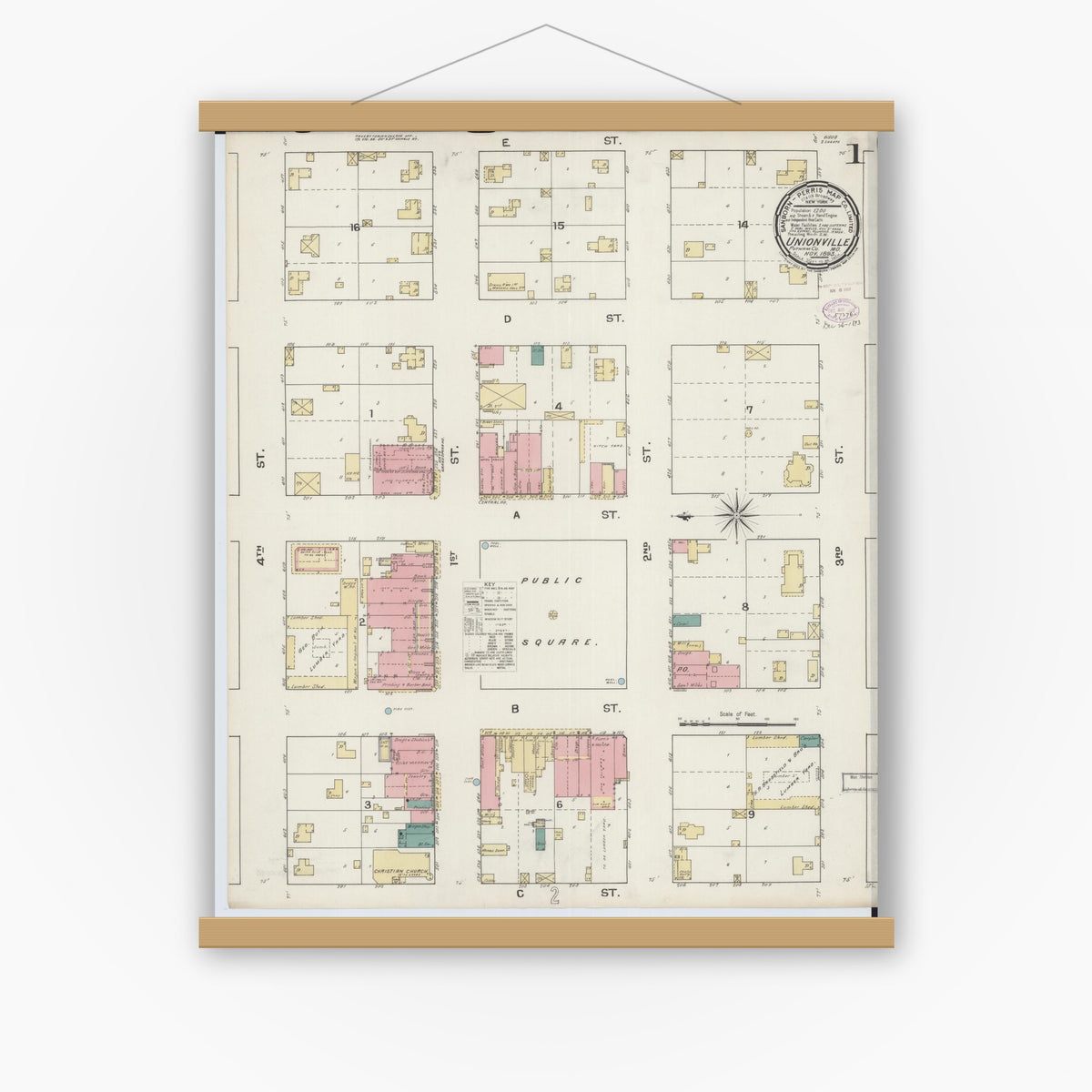 Old map wall art mockup — magnetic wood frame on white wall — Sanborn Fire Insurance Map from Unionville, Putnam County, Missouri (1893) - Complete Map Set