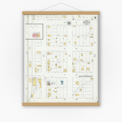 Old map wall art mockup — magnetic wood frame on white wall — Sanborn Fire Insurance Map from Perham, Otter Tail County, Minnesota (1904), Sheet #0004