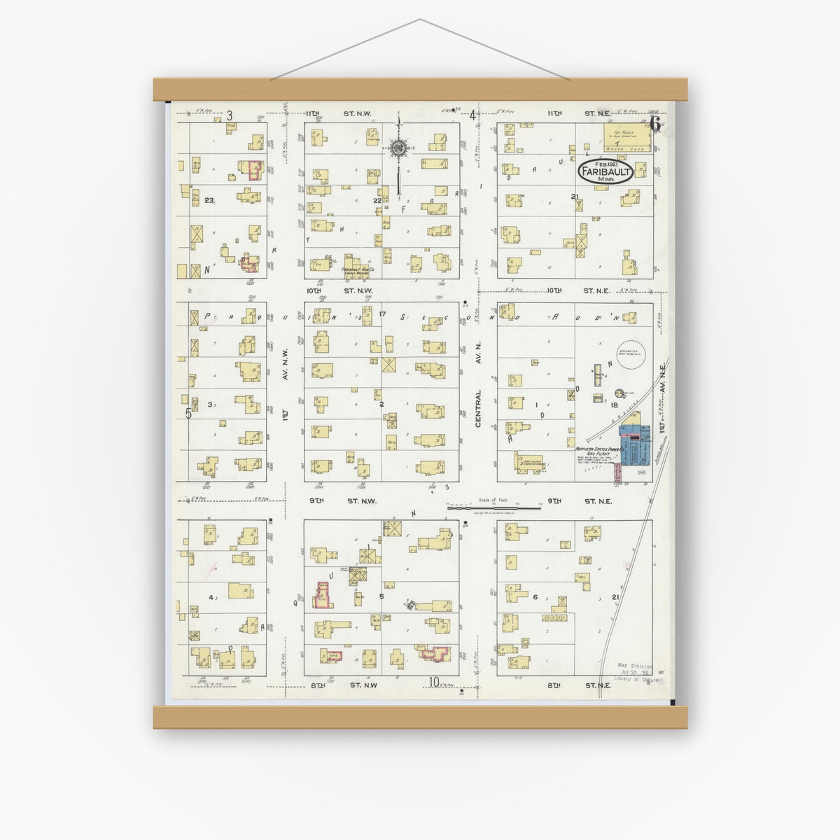 Old map wall art mockup — magnetic wood frame on white wall — Sanborn Fire Insurance Map from Faribault, Rice County, Minnesota (1921), Sheet #0006