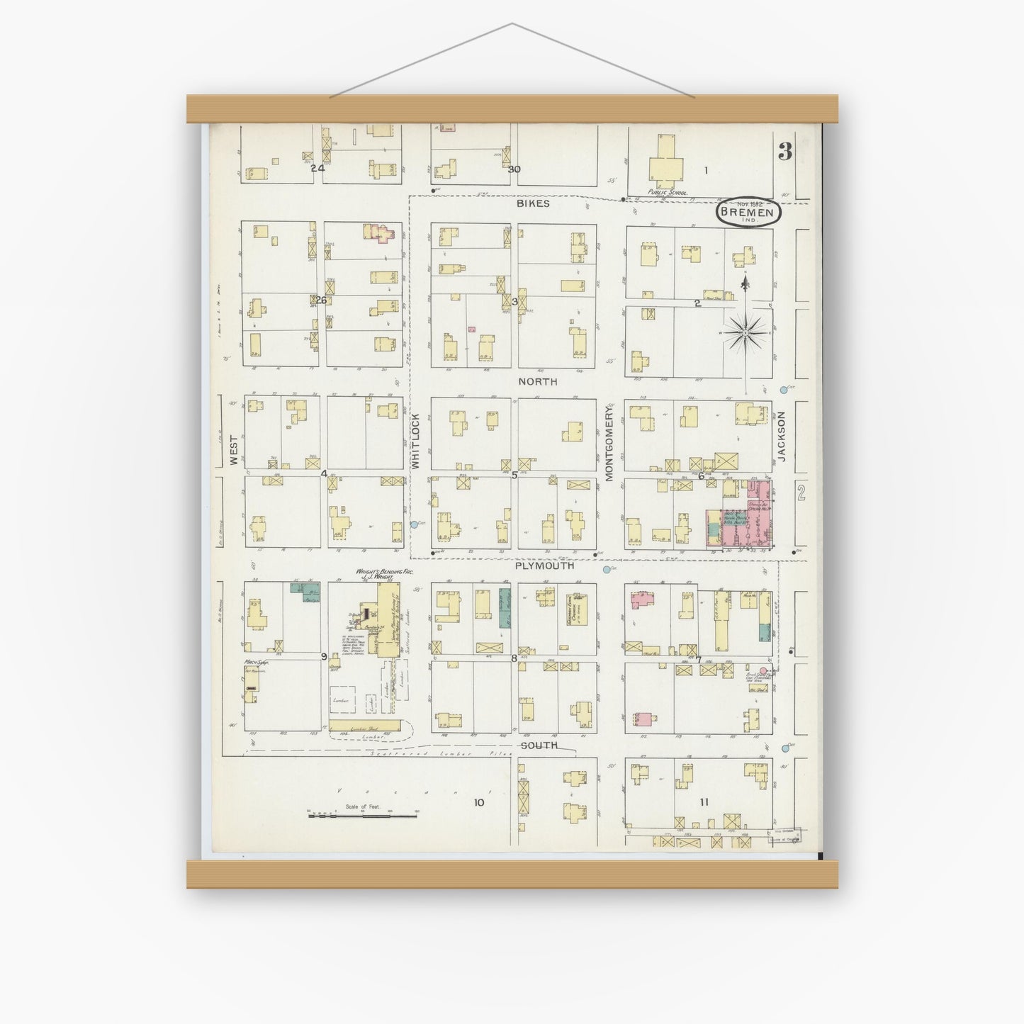 Old map wall art mockup — magnetic wood frame on white wall — Sanborn Fire Insurance Map from Bremen, Marshall County, Indiana (1892), Sheet #0003