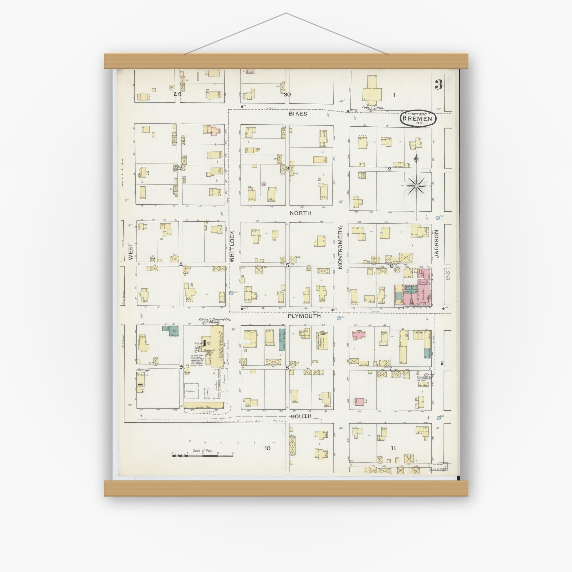 Old map wall art mockup — magnetic wood frame on white wall — Sanborn Fire Insurance Map from Bremen, Marshall County, Indiana (1892), Sheet #0003