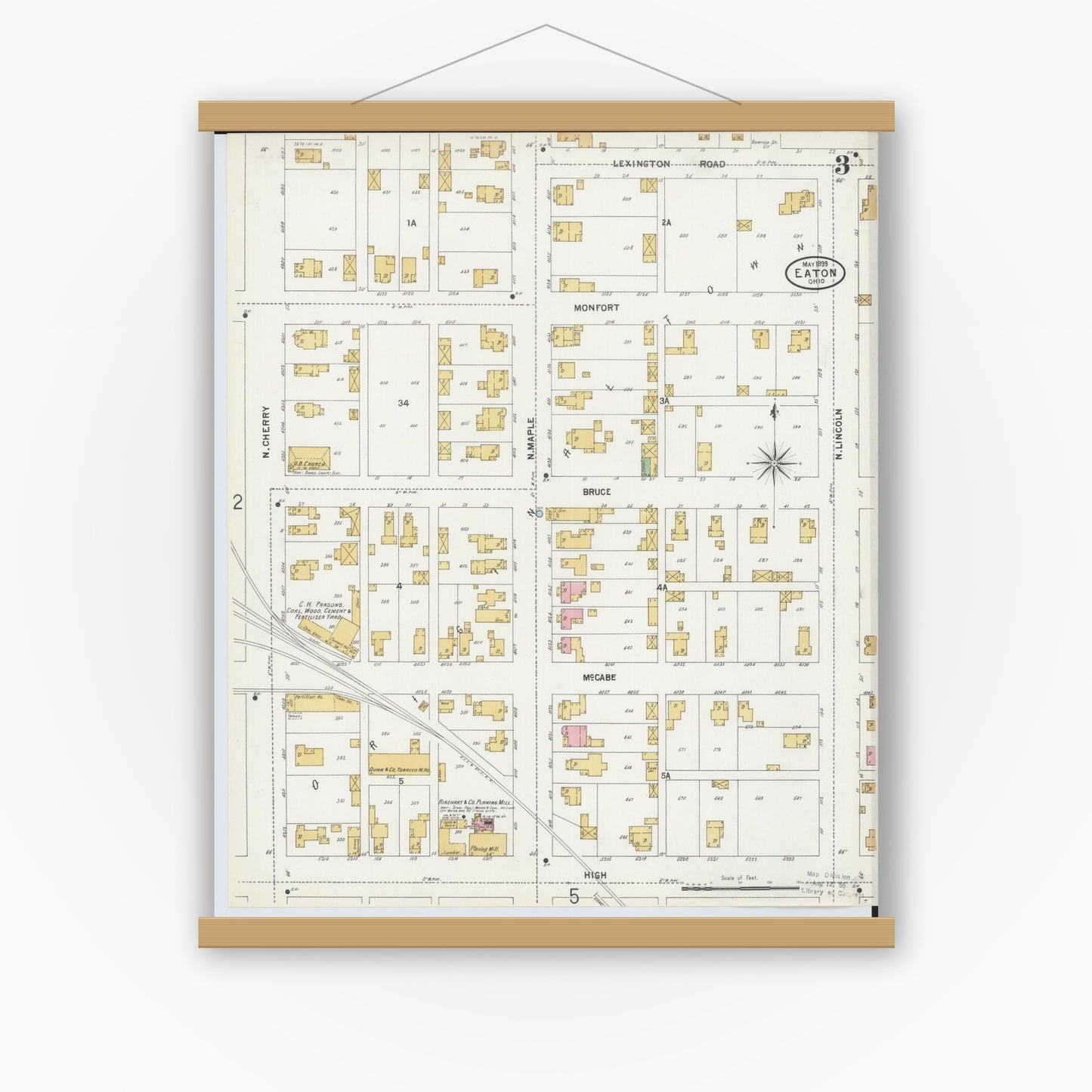 Old map wall art mockup — magnetic wood frame on white wall — Sanborn Fire Insurance Map from Eaton, Preble County, Ohio (1899), Sheet #0003