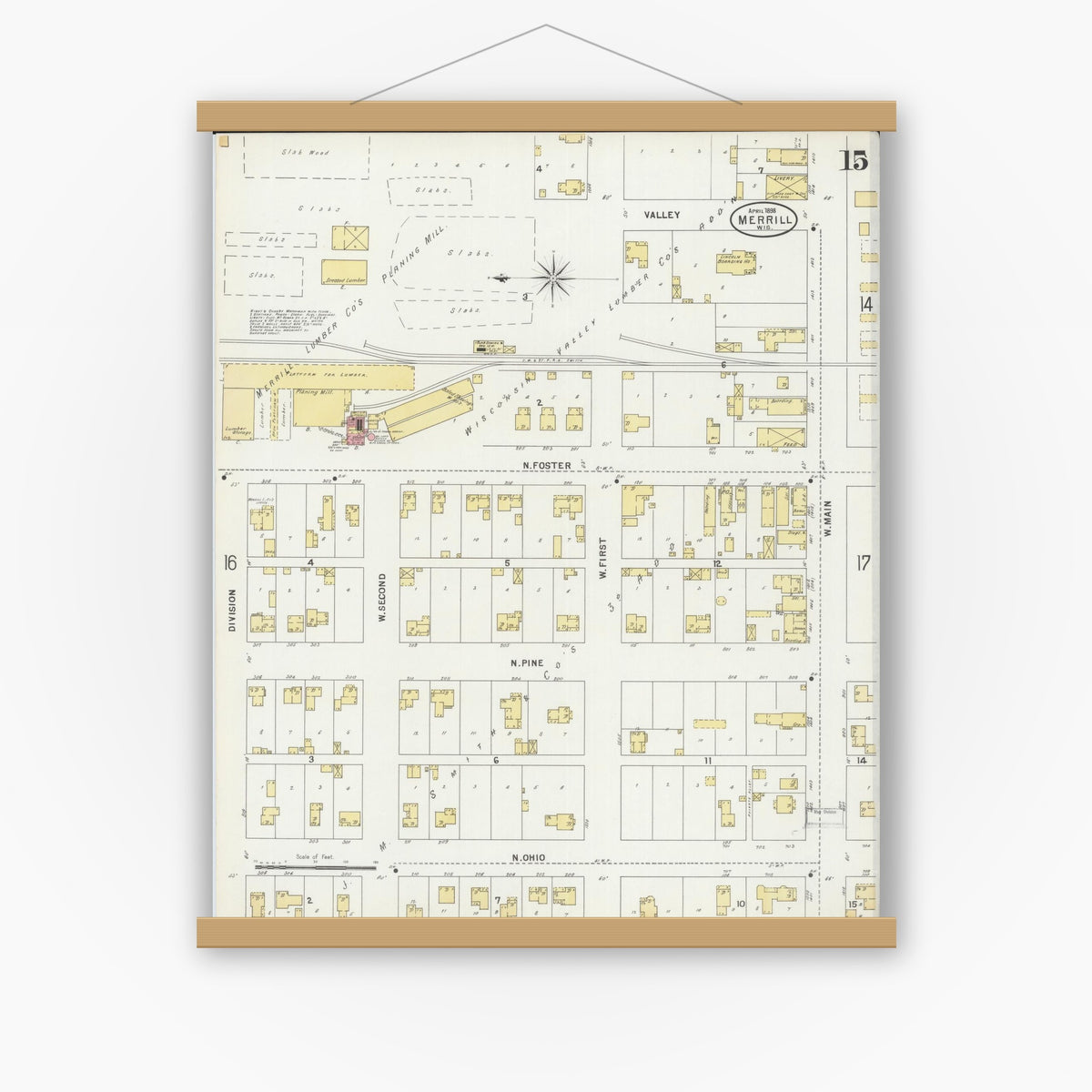 Old map wall art mockup — magnetic wood frame on white wall — Sanborn Fire Insurance Map from Merrill, Lincoln County, Wisconsin (1898), Sheet #0015