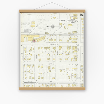 Old map wall art mockup — magnetic wood frame on white wall — Sanborn Fire Insurance Map from Merrill, Lincoln County, Wisconsin (1898), Sheet #0015