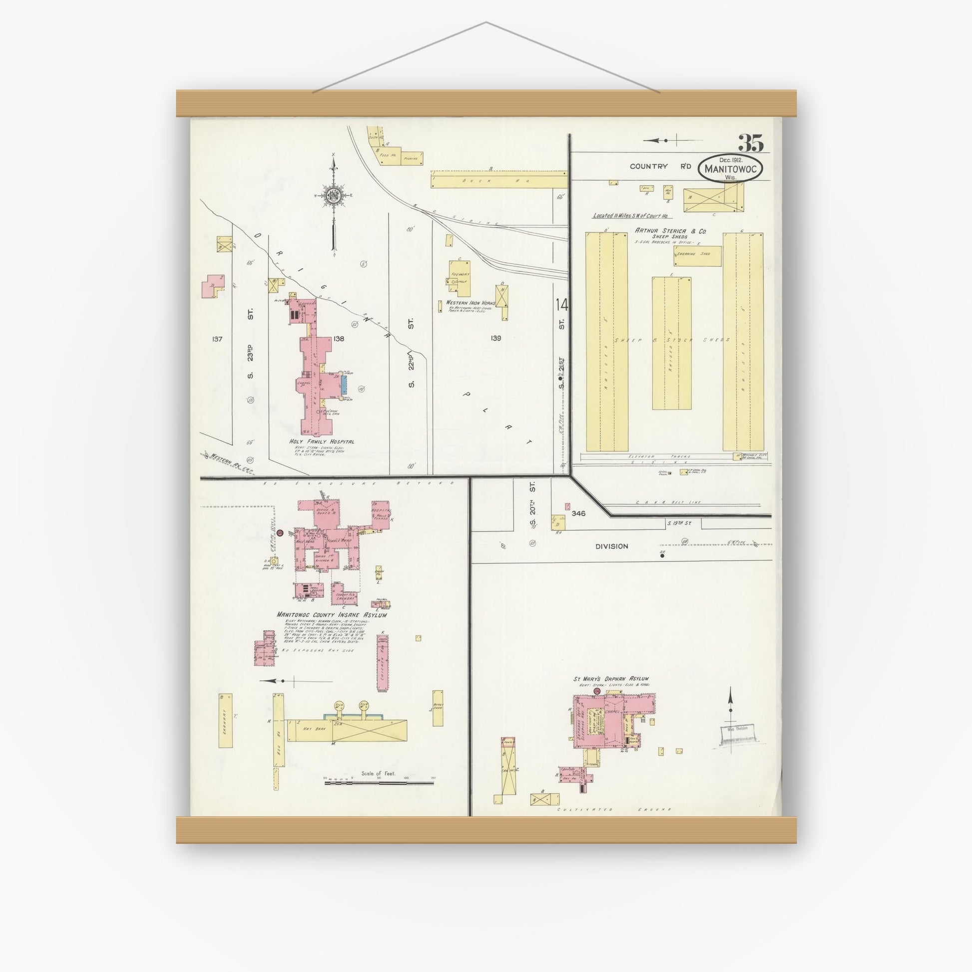 Old map wall art mockup — magnetic wood frame on white wall — Sanborn Fire Insurance Map from Manitowoc, Manitowoc County, Wisconsin (1912), Sheet #0035